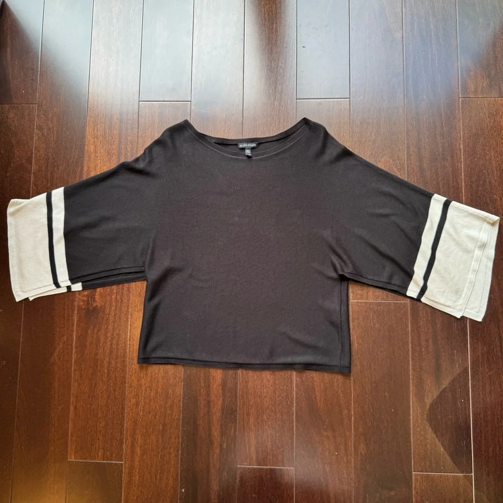 Eileen Fisher Black & Cream Drape Cardigan - Picture 7 of 9